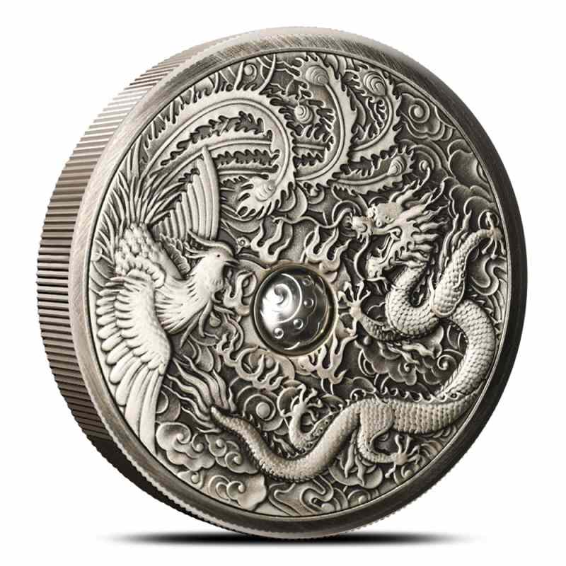 2024 1 oz Antique Dragon and Phoenix Rotating Window Silver Medal