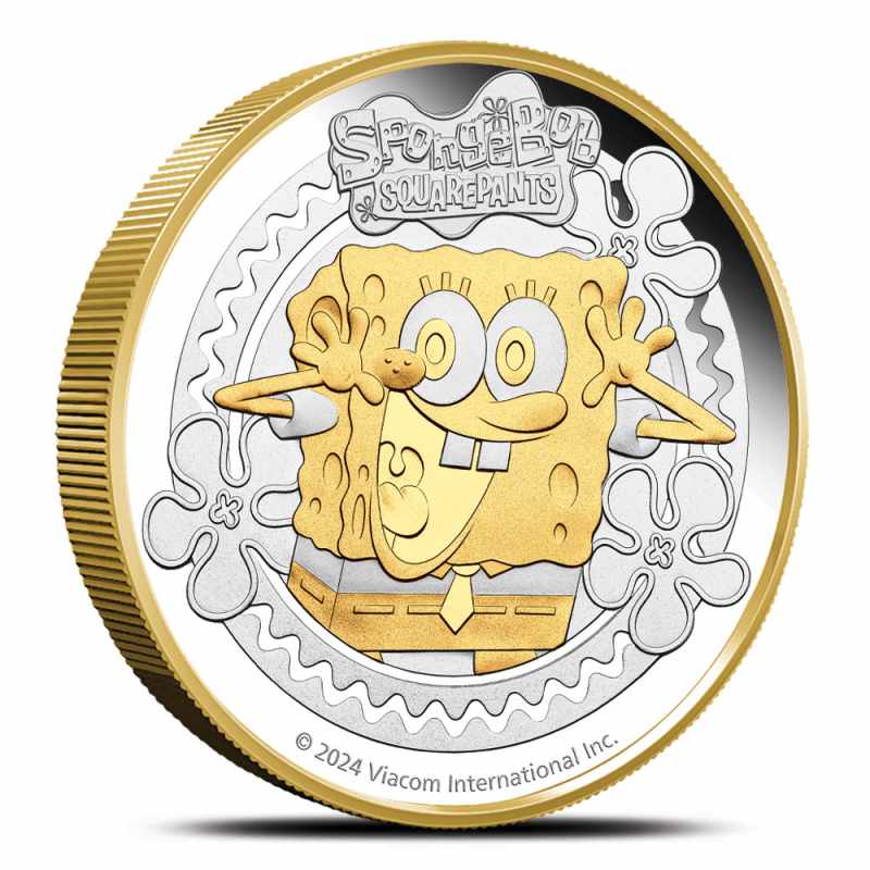 2024 2 oz Proof Tuvalu Silver Spongebob Squarepants Coin (Gilded