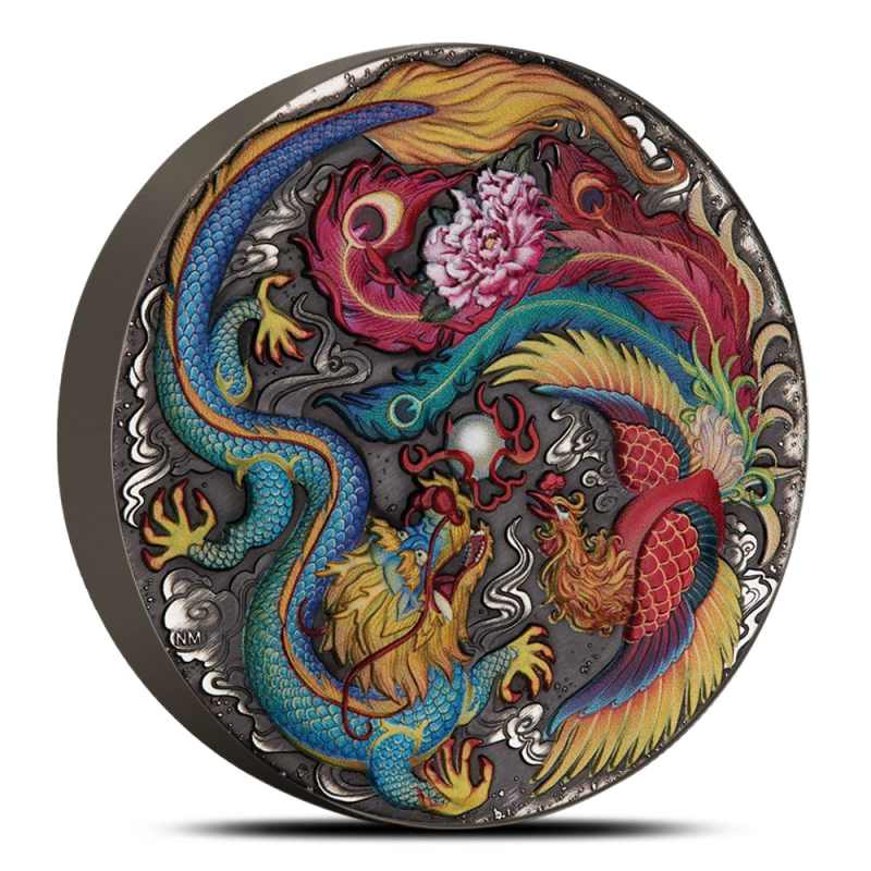 2024 Antique Colorized Tuvalu Silver Dragon and Phoenix Coin l JM