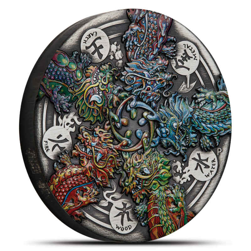 2024 Antique Colorized Tuvalu Silver Dragon and the Five Elements