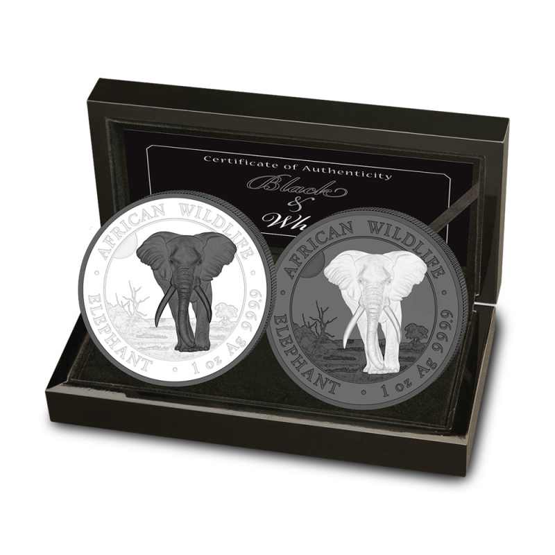 2025 1 oz Somalia Silver Elephant Black and White Two-Coin Set l