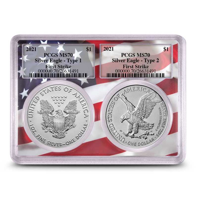 2021 1 oz American Silver Eagle 2-Coin Set PCGS MS70 FS (Flag