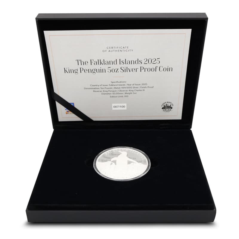 2025 5 oz Proof Falkland Islands Silver King Penguin Coin l JM