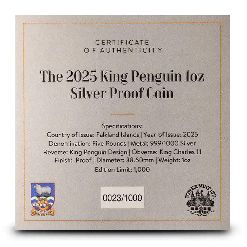 2025 1 oz Proof Falkland Islands Silver King Penguin Coin l JM