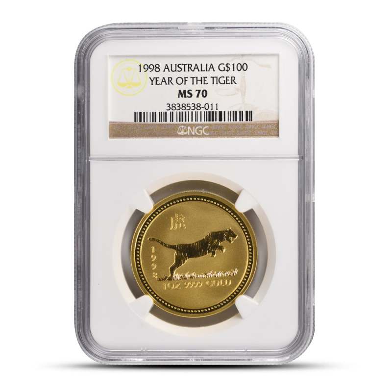 1998 1 oz Australian Gold Lunar Tiger Coin NGC MS70 l JM Bullion™