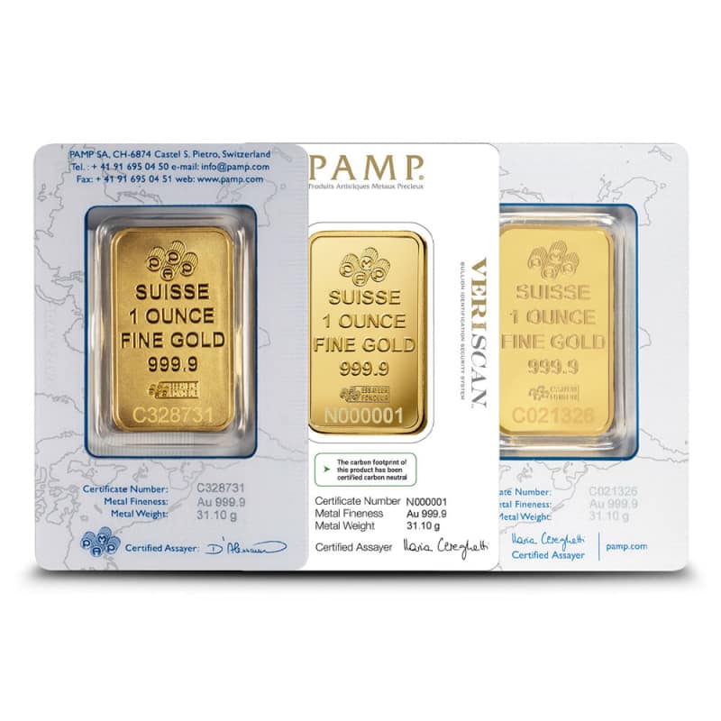 1 oz PAMP Suisse Gold Bar (Varied Design w/ Assay) l JM Bullion™