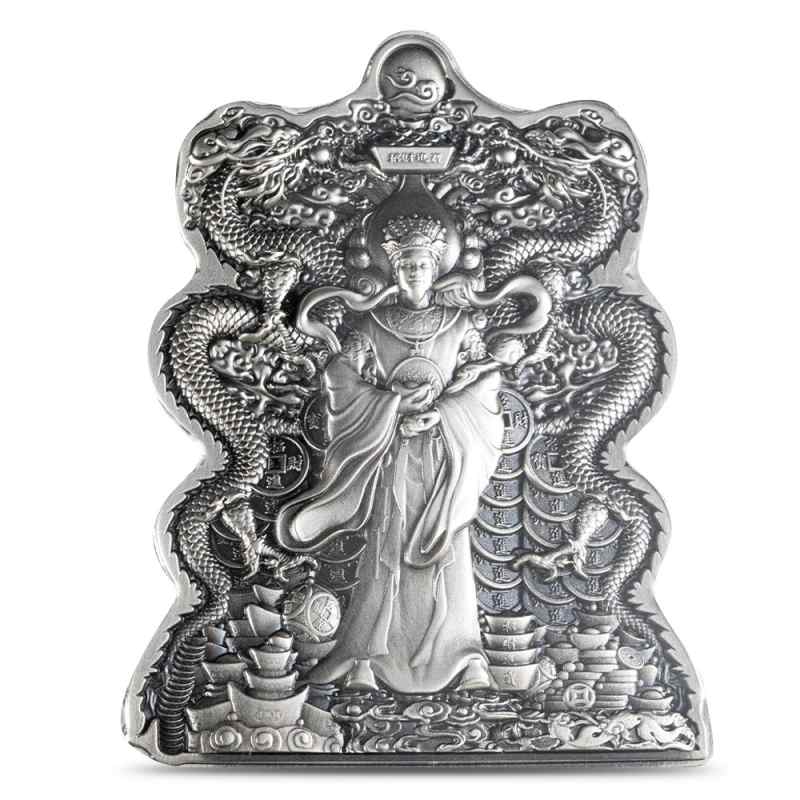 杨龙石 作（王維翰印） 尺寸：8.3 cm x2.7 cmx2.7 cm 2024 2 oz Antique Chad Silver Double Dragon God Of Wealth Coin l