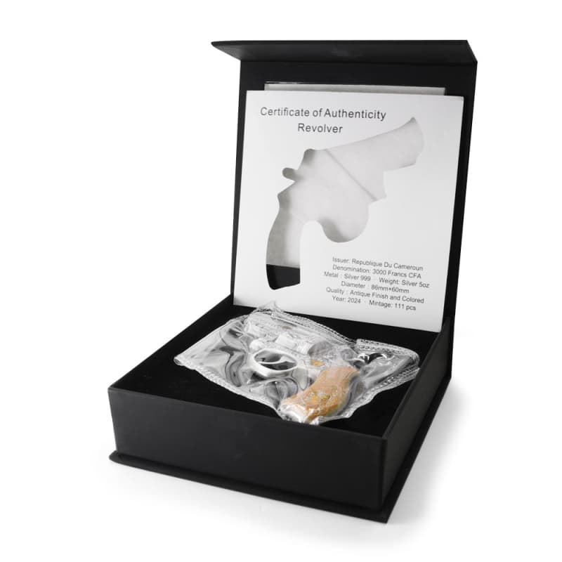 2024 5 oz Antique Colorized Silver Cameroon Revolver Gun Coin l JM