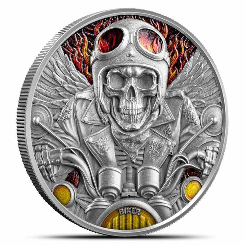 ★マグダ＆アンドリュー ノヴァコフスキー ポーランド メタルアート チェス 2024 Antique Colorized Republic of Ghana Silver Biker Memento Mori