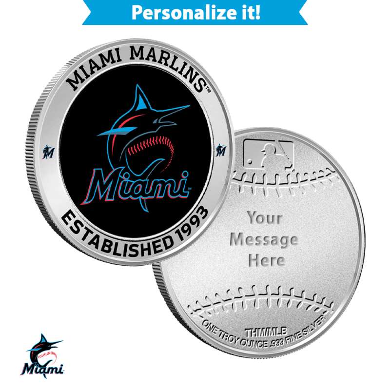 1 oz Colorized Engravable MLB Miami Marlins Silver Round (New w