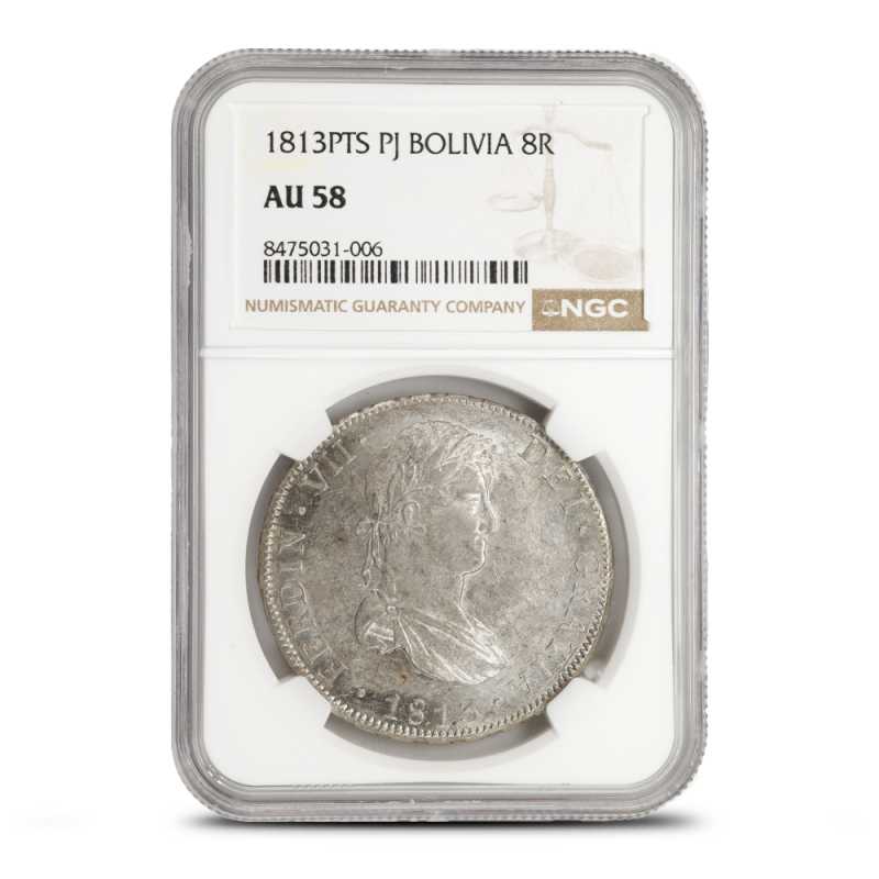 1808 - 1825 8 Reales Bolivian Silver Spanish Pillar Dollar NGC
