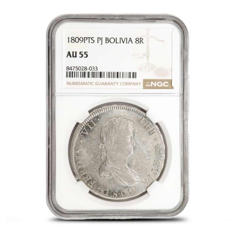 1808 - 1825 8 Reales Bolivian Silver Spanish Pillar Dollar NGC