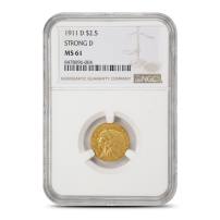 1911-D Pre-33 $2.50 Indian Gold Quarter Eagle Coin NGC MS61 Strong D