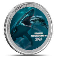 2025 1 oz Colorized Congo Silver Prehistoric Life Megalodon Coin (BU)