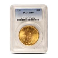 1924 $20 Saint Gaudens Gold Double Eagle Coin PCGS MS66