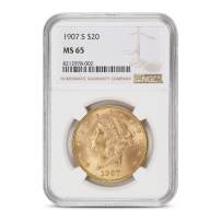 1907-S Pre-33 $20 Liberty Gold Double Eagle Coin NGC MS65
