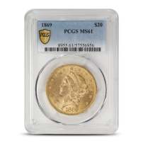 1869 Pre-33 $20 Liberty Gold Double Eagle Coin PCGS MS61