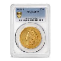 1854-S Pre-33 $20 Liberty Gold Double Eagle Coin PCGS XF40