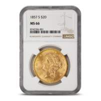 1857-S Pre-33 $20 Liberty Gold Double Eagle Coin NGC MS66