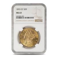 1893-CC Pre-33 $20 Liberty Gold Double Eagle Coin NGC MS63