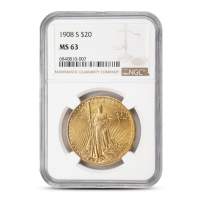 1908-S Pre-33 $20 Saint Gaudens Gold Double Eagle Coin NGC MS63