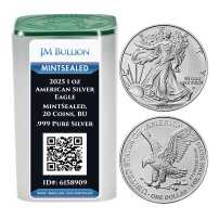 2025 1 oz American Silver Eagle Tube (MintSealed, 20 Coins, BU)