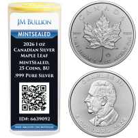2026 1 oz Canadian Silver Maple Leaf Tube (MintSealed, 25 Coins, BU)