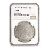 1808 - 1825 8 Reales Bolivian Silver Spanish Pillar Dollar NGC AU53