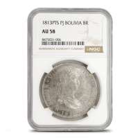 1808 - 1825 8 Reales Bolivian Silver Spanish Pillar Dollar NGC AU58