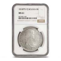 1808 - 1825 8 Reales Bolivian Silver Spanish Pillar Dollar NGC MS61