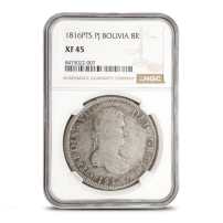 1808 - 1825 8 Reales Bolivian Silver Spanish Pillar Dollar NGC XF45