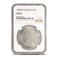 1808 - 1825 8 Reales Bolivian Silver Spanish Pillar Dollar NGC AU55