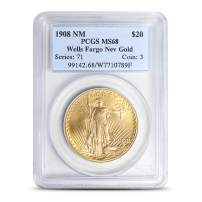 1908 $20 Saint-Gaudens Gold Double Eagle Coin "No Motto" PCGS MS68