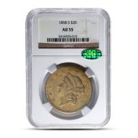 1858-S Pre-33 $20 Liberty Gold Double Eagle Coin NGC AU55 CAC