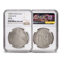 1788 – 1808 8 Reales Bolivian Silver Spanish Pillar Dollar NGC AU50