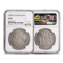 1788 – 1808 8 Reales Bolivian Silver Spanish Pillar Dollar NGC XF40