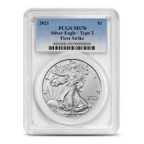 2021 1 oz American Silver Eagle Coin PCGS MS70 FS (Type 2, Blue Label)