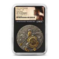 2023 2 oz Antique Niue Silver Achilles Coin NGC MS70 (Gilded, High Relief, Legendary Warriors Label)