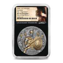2025 2 oz Antique Niue Silver Leonidas Coin NGC MS70 (Gilded, High Relief, Legendary Warriors Label)