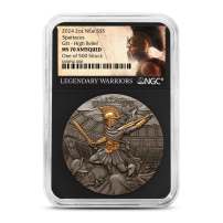 2024 2 oz Antique Niue Silver Spartacus Coin NGC MS70 (Gilded, High Relief, Legendary Warriors Label)