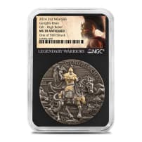 2024 2 oz Antique Niue Silver Genghis Khan Coin NGC MS70 (Gilded, High Relief, Legendary Warriors Label)