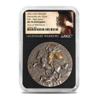 2023 2 oz Antique Niue Silver Alexander the Great Coin NGC MS70 (Gilded, High Relief, Legendary Warriors Label)