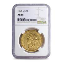 1858-S Pre-33 $20 Liberty Gold Double Eagle Coin NGC AU58