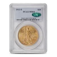 1913-S Pre-33 $20 Saint Gaudens Gold Double Eagle Coin PCGS MS64 CAC