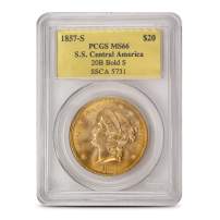 1857-S Pre-33 $20 Liberty Gold Double Eagle Coin PCGS MS66