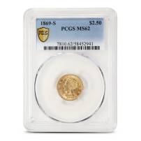 1869-S Pre-33 $2.50 Liberty Gold Quarter Eagle Coin PCGS MS62