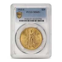 1915-S Pre-33 $20 Saint Gaudens Gold Double Eagle Coin PCGS MS65+