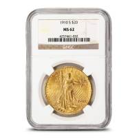 1910-S Pre-33 $20 Saint Gaudens Gold Double Eagle Coin NGC MS62