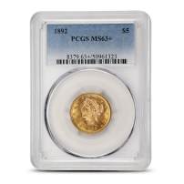 1892 Pre-33 $5 Liberty Gold Half Eagle Coin MS63+ (PCGS or NGC)