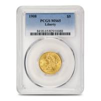 1908 Pre-33 $5 Liberty Gold Half Eagle Coin PCGS MS65